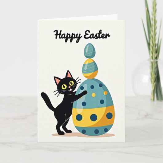 Carte Joyeuses Pâques Chat Œufs Empilés (Devant)