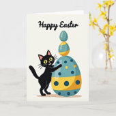 Carte Joyeuses Pâques Chat Œufs Empilés (Fleur jaune)