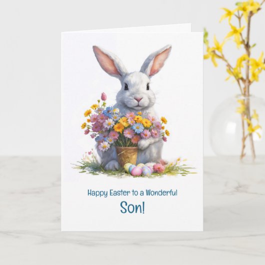 Carte Joyeuses Pâques Cute Bunny Lapin et Pâques (Fleur jaune)