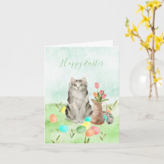 Carte Joyeuses Pâques de la part du chat (Fleur jaune)