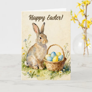 Carte Joyeuses Pâques Lapin Vintage avec Panier d'Oeufs