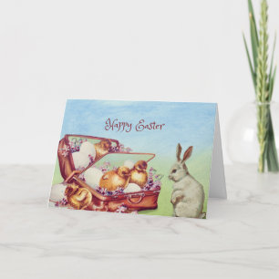 Carte Joyeuses Pâques Lapin Vintage et Chicks Vacances