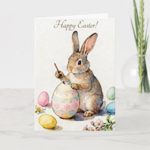 Carte Joyeuses Pâques Lapin Vintage Peignant un Œuf