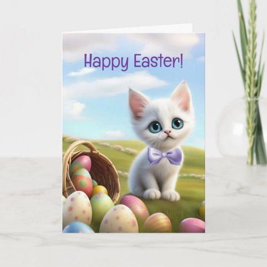 Carte Joyeuses Pâques Mignon Chat avec Panier de Pâques (Devant)