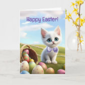 Carte Joyeuses Pâques Mignon Chat avec Panier de Pâques (Fleur jaune)