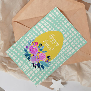 Carte Joyeuses Pâques œuf orange floral plaid rustique