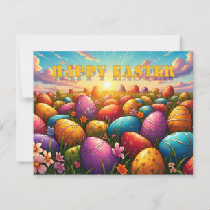 Carte Joyeuses Pâques Œufs Colorés dans une Prairie Prin