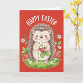Carte Joyeuses Pâques Petit Hérisson Tenant une Fraise (Fleur jaune)