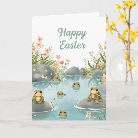 Carte Joyeuses Pâques tortues (Fleur jaune)