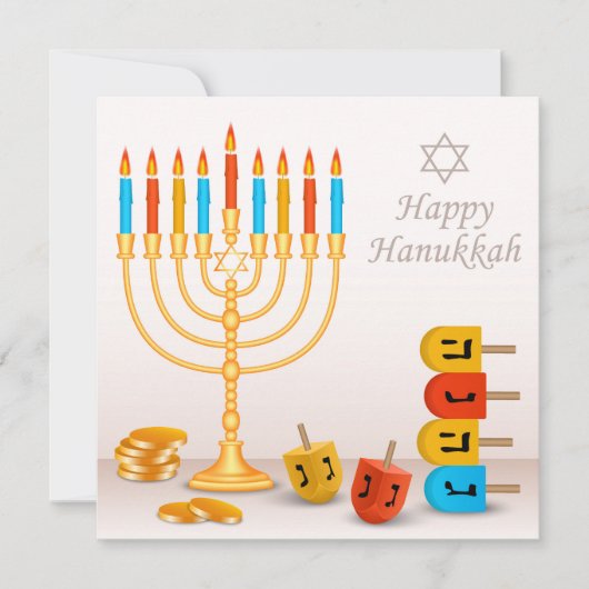 Carte Joyeuses pièces d'or Hanoukka Menorah Dreidel (Devant)