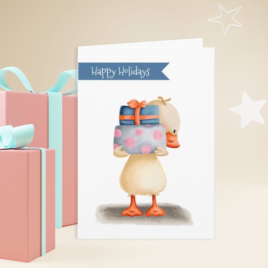 Carte Joyeuses vacances Cute Duck tenant des cadeaux