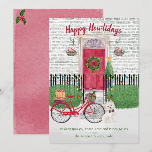 Carte Joyeuses vacances mignonne Westie Vélo Porte rouge (Devant / Derrière)