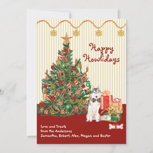 Carte Joyeuses vacances Sibérie Husky Tree présente (Devant)