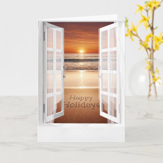 Carte Joyeuses Vacances Vue Océan Dans La Fenêtre (Fleur jaune)