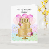 Carte Joyeux 100e Anniversaire rose et or (Fleur jaune)