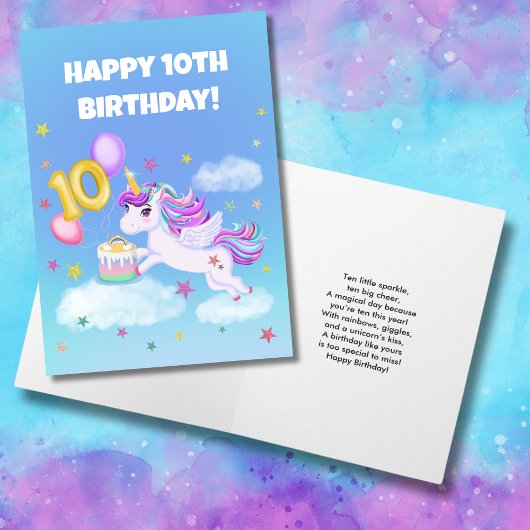 Carte Joyeux 10e anniversaire licorne avec gâteau d'anni