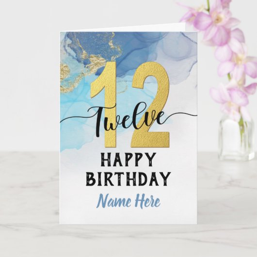 Carte Joyeux 12e anniversaire aquarelle Bleu et or Garço (Orchidée)