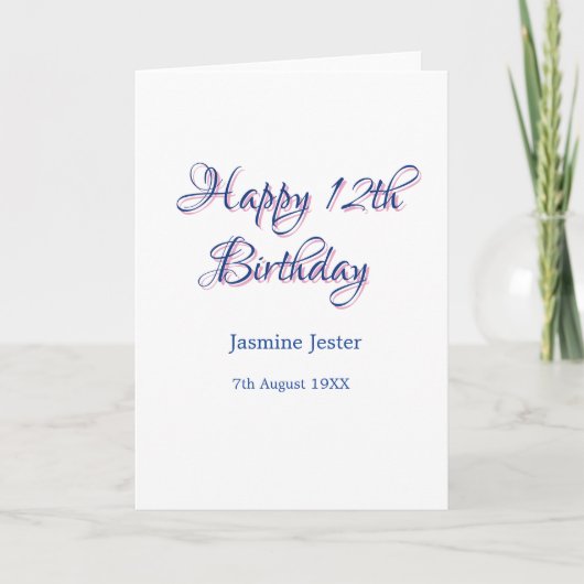Carte joyeux 12ème anniversaire bleu rose nom date simpl (Devant)
