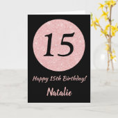 Carte Joyeux 15e anniversaire Noir et Rose Or rose (Fleur jaune)