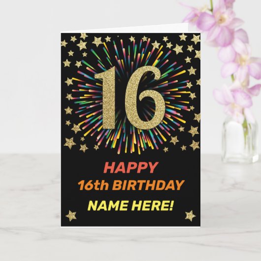 Carte Joyeux 16e anniversaire Black & Gold Rainbow Firew (Orchidée)