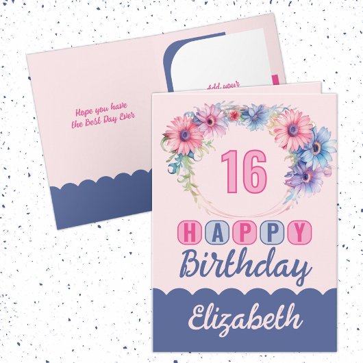 Carte Joyeux 16ème anniversaire nom rose fleuri