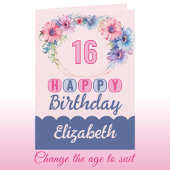 Carte Joyeux 16ème anniversaire nom rose fleuri