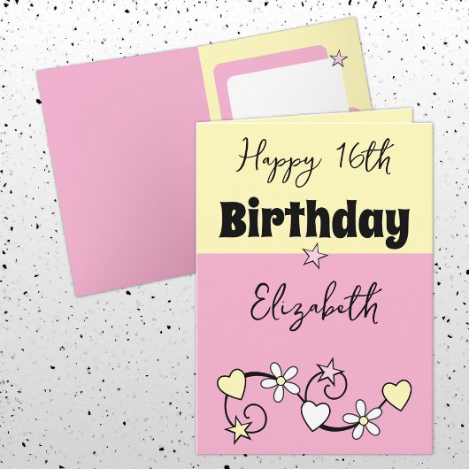 Carte Joyeux 16ème anniversaire nom rose jaune