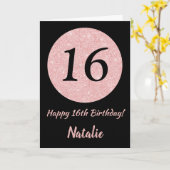 Carte Joyeux 16h Anniversaire Noir et Rose Or rose (Fleur jaune)