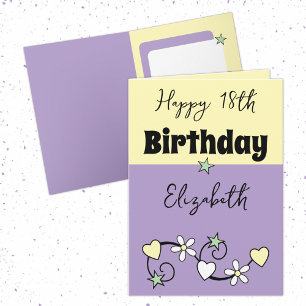 Carte Joyeux 18ème anniversaire nom jaune violet