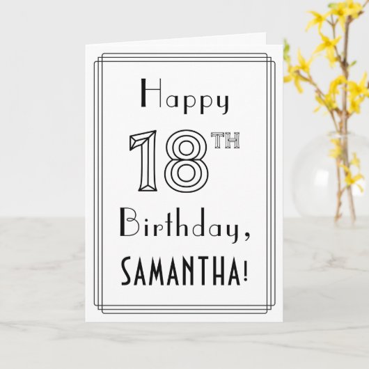 Carte Joyeux 18ème anniversaire, style Art Déco avec nom (Fleur jaune)