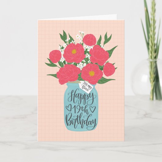 Carte Joyeux 19e anniversaire nièce avec pot Mason de fl (Devant)