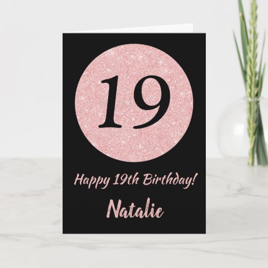 Carte Joyeux 19e anniversaire Noir et Rose Or rose (Devant)