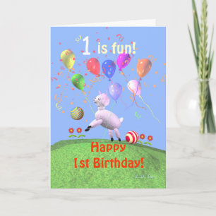 Carte Joyeux 1er anniversaire agneau et ballons