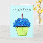 Carte Joyeux 1er anniversaire Cupcake bleu (Fleur jaune)
