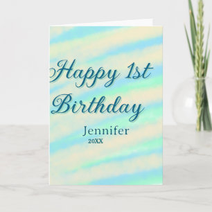 Carte Joyeux 1er anniversaire enfants bébé bleu vert pas