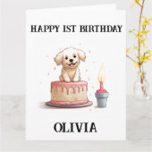 Carte Joyeux 1er Anniversaire Félicitations, Nom & Chiot (Fleur jaune)