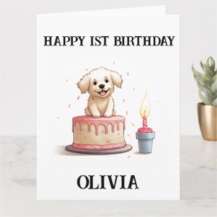 Carte Joyeux 1er Anniversaire Félicitations, Nom & Chiot