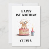 Carte Joyeux 1er Anniversaire Félicitations, Nom & Chiot (Devant)