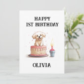 Carte Joyeux 1er Anniversaire Félicitations, Nom & Chiot (Debout devant)