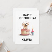 Carte Joyeux 1er Anniversaire Félicitations, Nom & Chiot (Devant/Arrière en situation)