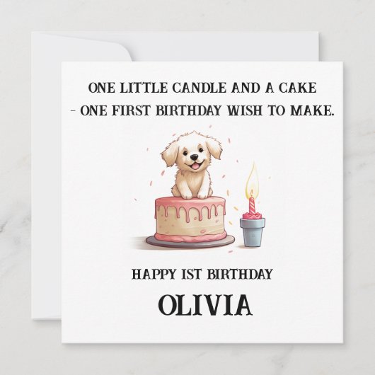 Carte Joyeux 1er Anniversaire Félicitations, Nom & Chiot (Devant)