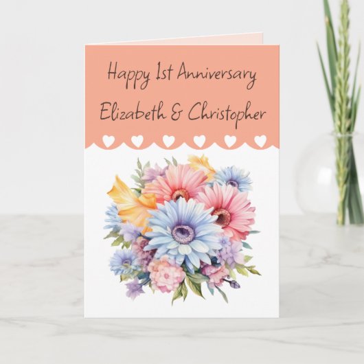 Carte Joyeux 1er Anniversaire fleurs pêche (Devant)