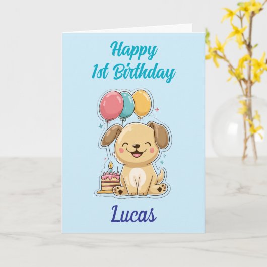 Carte Joyeux 1er Anniversaire, Garçon, Mignonne chiot, P (Fleur jaune)