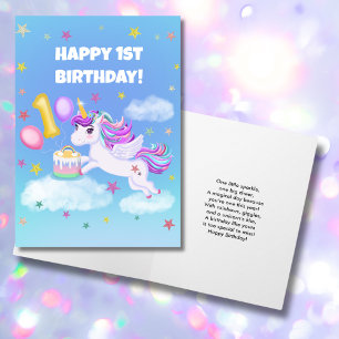 Carte Joyeux 1er Anniversaire Licorne avec Gâteau d'Anni