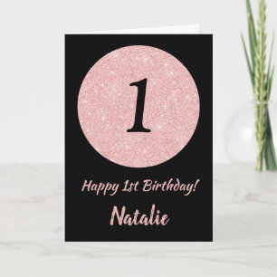 Carte Joyeux 1er Anniversaire Noir et Rose Paillettes Ro