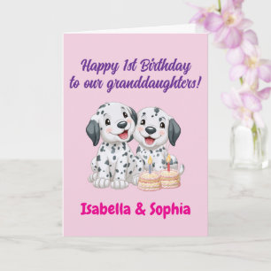 Carte Joyeux 1er anniversaire petites-filles, chiots