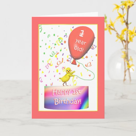 Carte Joyeux 1er anniversaire poulet (Fleur jaune)