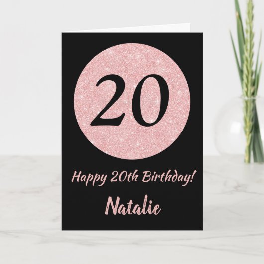 Carte Joyeux 20e anniversaire Noir et Rose Or rose (Devant)