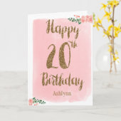 Carte Joyeux 20e anniversaire rose et or (Fleur jaune)