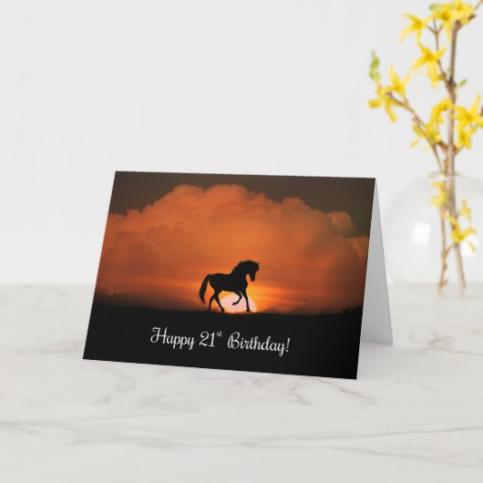 Carte Joyeux 21e anniversaire avec cheval et soleil (Fleur jaune)